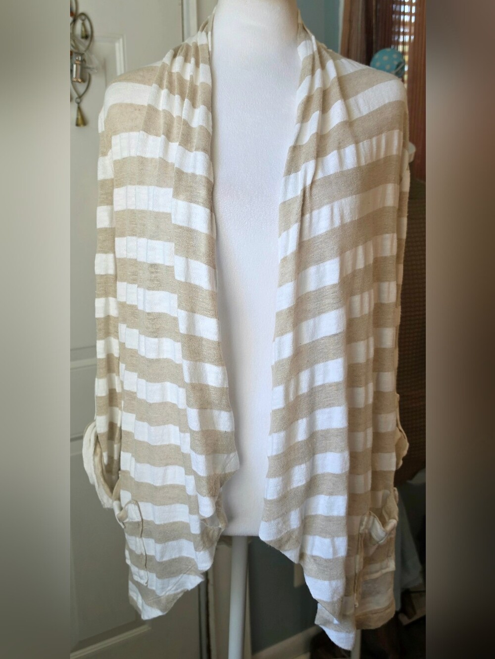 Banana Republic Lightweight Open Cardigan Womens MP Cotton Linen Blend Striped